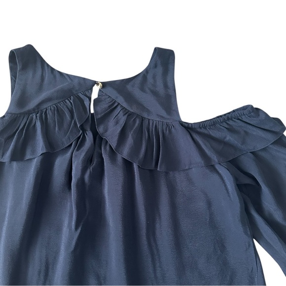 Anthropologie Maeve Navy Blue Cold Shoulder Ruffle Top - Picture 4 of 5